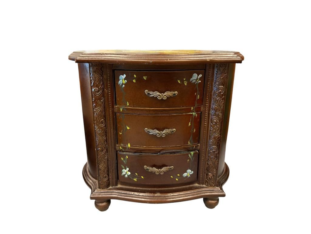 HAND PAINTED FLORAL DARK FINISH JEWELRY CHEST WITH WOMANS FASHION JEWELRY SOME SIGNED PIECES (1 of 14)