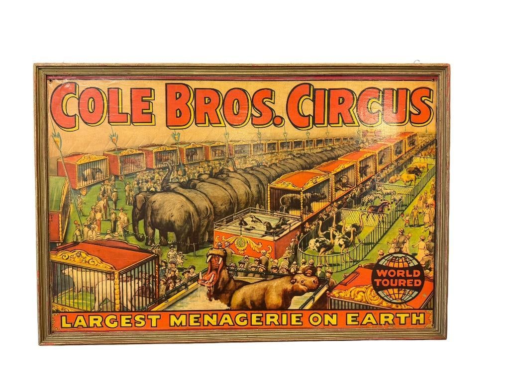 1930'S VINTAGE COLE BROS. THE LARGEST MENAGERIE ON EARTH POSTER MOUNTED ON WOOD PANEL (1 of 8)