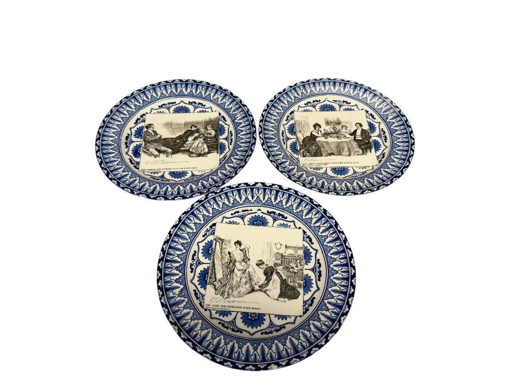 EARLY 1900'S ROYAL DOULTON BLUE AND WHITE FLOW BLUE DESIGN GIBSON GIRL WIDOW AND HER FRIENDS PLATES (1 of 17)