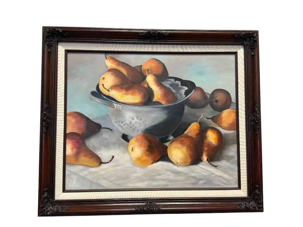 LORA SIGNED ORIGINAL ACRYLIC ON CANVAS STILL-LIFE PAINTING FRUITS: ART DEPICTS FRUITS AND COLANDER ON SURFACE, FRAMED 25" X 21" FRAME