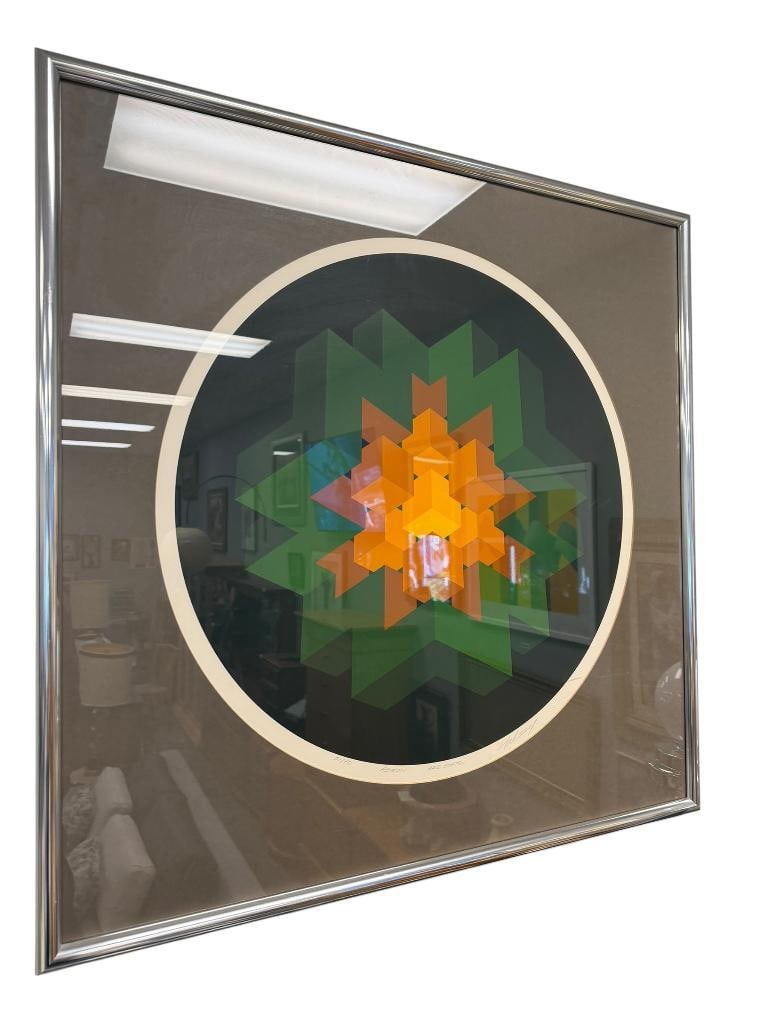 BRIAN HALSEY LIMITED EDITION SERIGRAPH TITLED ASTRON 3RD STATE NO. 21/70 GEOMETRIC OP ARTIST: GEOMETRIC DESIGN PRINT, SIGNED LOWER LEFT, EMBOSSED STAMP NEAR ARTIST SIGNATURE, FRAMED 32 1/2" X 32 1/2" FRAME 