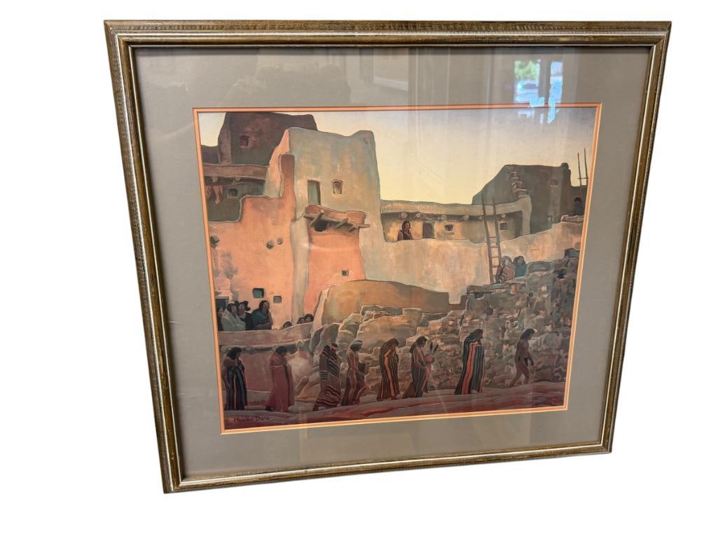MAYNARD DIXON AMERICAN WEST ARTIST PRINT TITLED THE WISE MEN: ART DEPICTS MEN WALKING IN SOUTH WESTERN BACKGROUND, PLATE SIGNED LOWER LEFT, FRAMED 25" X 23" FRAME