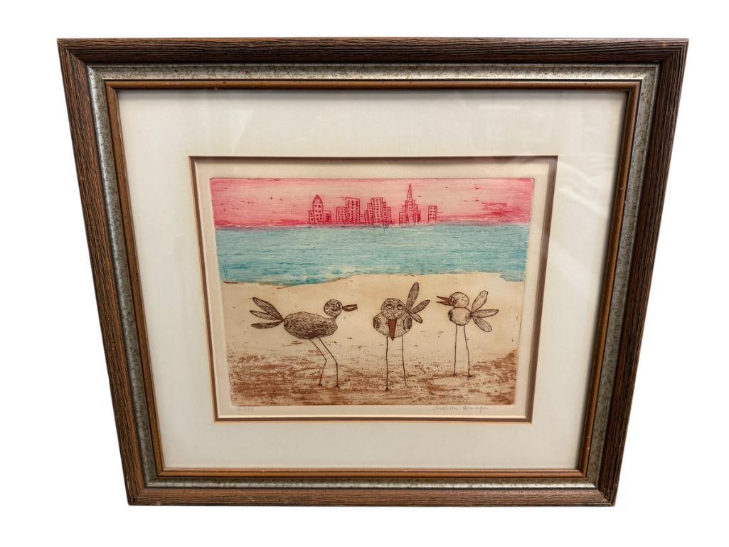 CHRISTINA AMARGER LIMITED EDITION ETCHING NO. 38/150: ART DEPICTS BIRDS ON A BEACH WITH BODY OF WATER AND CITY IN PINK TONE IN THE BACKGROUND, FRAMED 19" X 17" FRAME