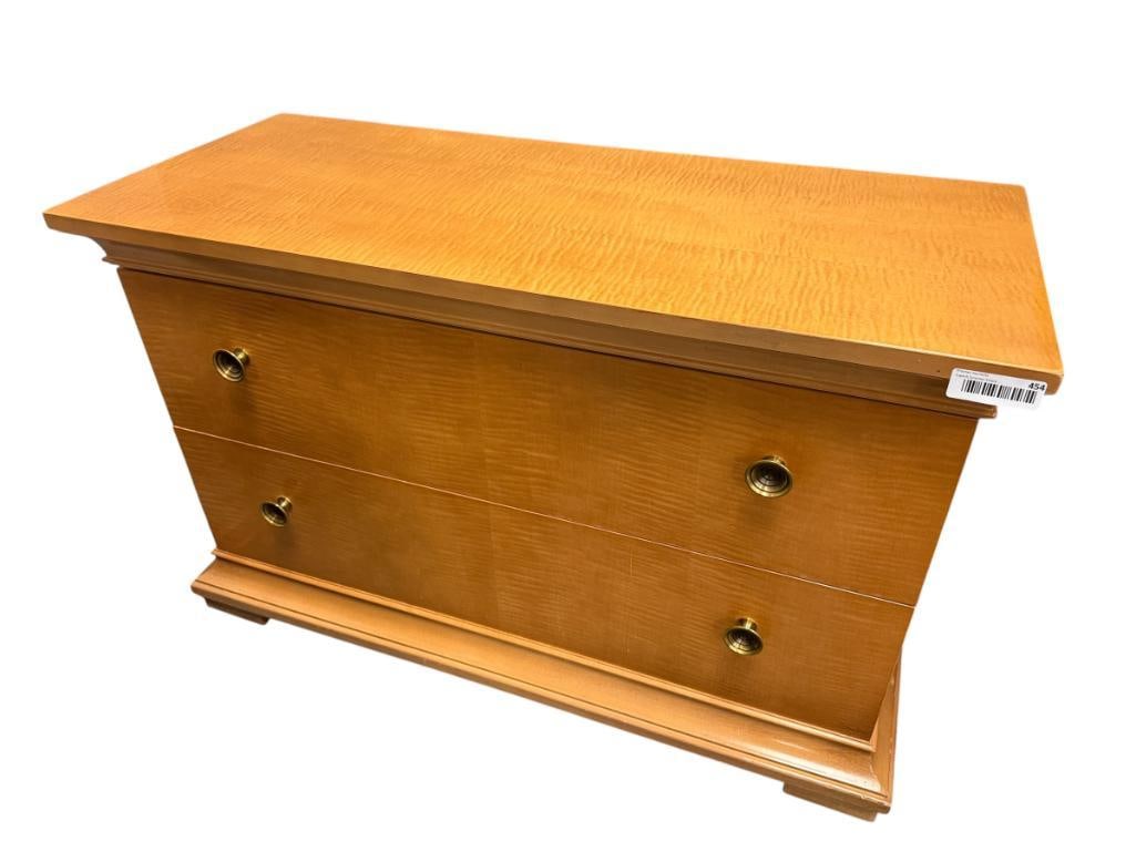 DREXEL HERITAGE MAPLE TWO-DRAWER NIGHTSTAND: ORIGINAL BRASS KNOBS WITH MANUFACTURE LABEL PRESENT, IN GOOD CONDITION 40" X 17" X 25"