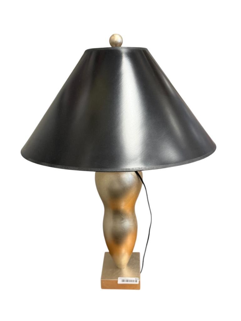 CONTEMPORARY FAINT GOLD FINISH TABLE LAMP WITH BLACK PAPER SHADE: TESTED + 28" H