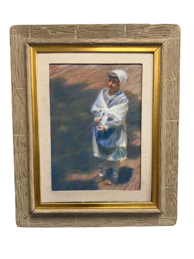 JIM CHRISTIAN NEVADA ARTIST PASTEL ON PAPER PAINTING PEASANT GIRL 1986: JIM CHRISTIAN GOLCONDA, NV ARTIST, ART DEPICTS A PEASANT GIRL STANDING, TITLE ON THE BACK AND ARTIST NAME, FRAMED 28" X 34" FRAME 