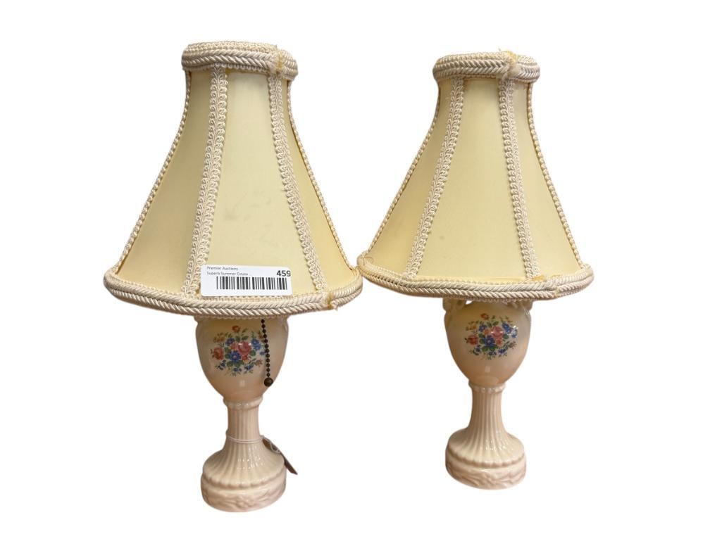 PAIR OF VINTAGE CERAMIC URN TABLE LAMPS WITH FLORAL DESIGN SPECHTS STUDIO CITY SHADES: 15 1/2" H