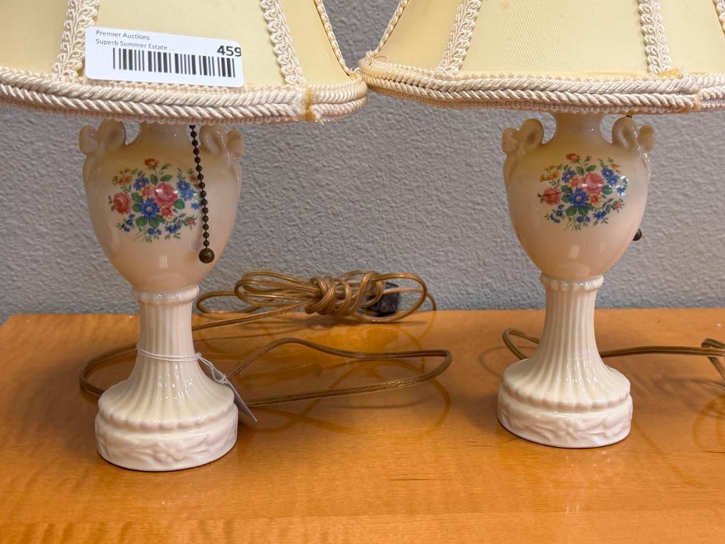 PAIR OF VINTAGE CERAMIC URN TABLE LAMPS WITH FLORAL DESIGN SPECHTS STUDIO CITY SHADES - 2