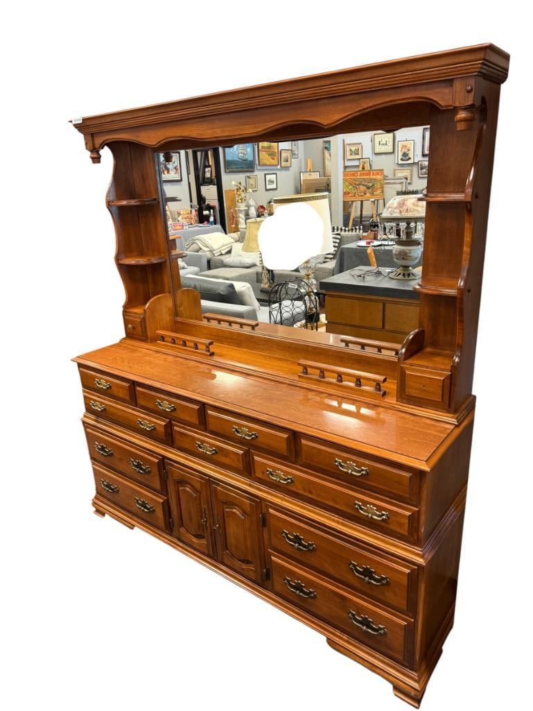 TWO PIECE FRENCH COUNTRY STYLE MAPLE DRESSER WITH ATTACHED MIRROR / SHELF UNIT TOP (1 of 12)