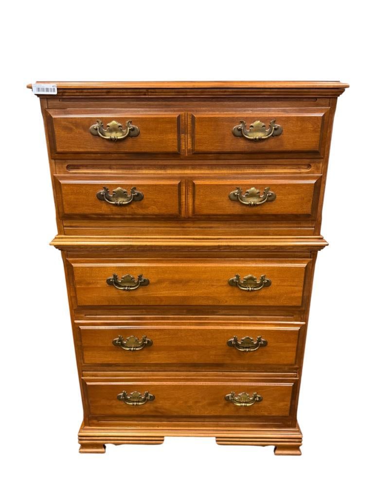 FRENCH COUNTRY STYLE MAPLE FIVE DRAWER CHEST OF DRAWERS: WITH ORIGINAL BRASS HARDWARE 34" X 18" X 53"