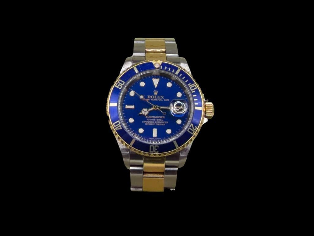 MEN'S ROLEX SUBMARINER DATE 11613 18K YELLOW GOLD TWO TONE FLAT BLUE DIAL WRISTWATCH (1 of 20)