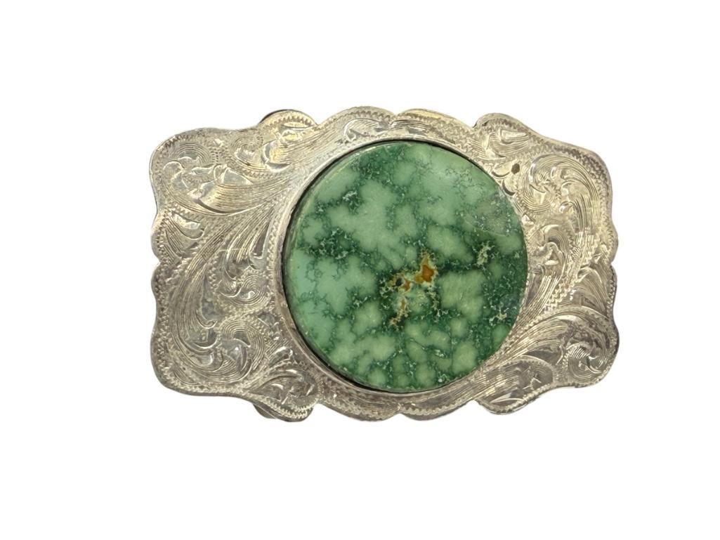 VINTAGE HALLMARKED STERLING SILVER GREEN STONE WESTERN BELT BUCKLE FEATURING ENGRAVED DESIGN: HALLMARKED WITH MAKER'S MARK "GD", FEATURING A GREEN ROUND STONE WITH FLAT SURFACE 3", 47.55 GRAMS