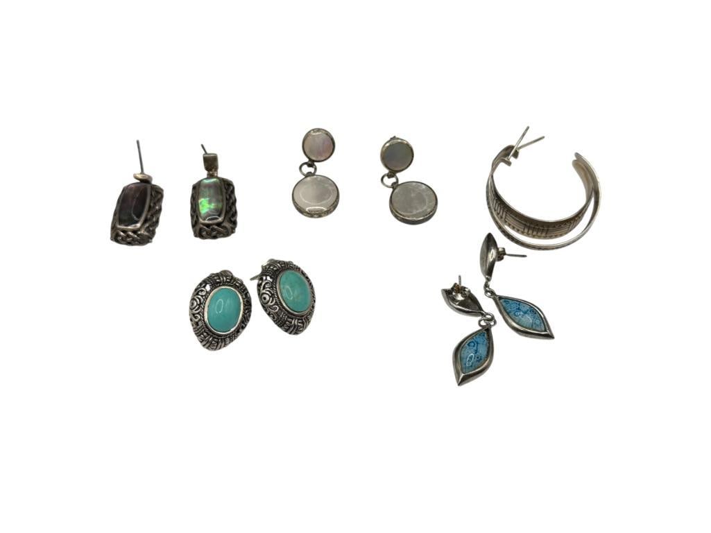 FIVE PAIRS OF STERLING SILVER EARRINGS FEATURING MOTHER OF PEARL, TURQUOISE, SHELL, AND MORE DESI...: TWO PAIRS DO NOT HAVE BACKS, THREE ARE SIGNED PIECES LARGEST ARE 1 1/4", 55.46 GRAMS TOTAL