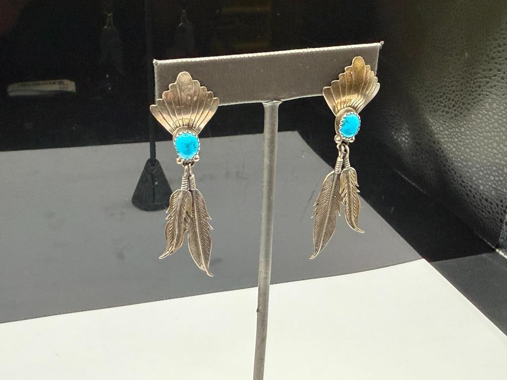 PAIR OF NAVAJO ARTIST SIGNED STERLING SILVER TURQUOISE FEATHER DANGLE EARRINGS (1 of 8)