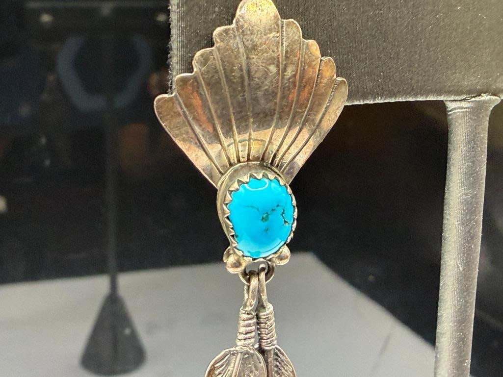 PAIR OF NAVAJO ARTIST SIGNED STERLING SILVER TURQUOISE FEATHER DANGLE EARRINGS - 3