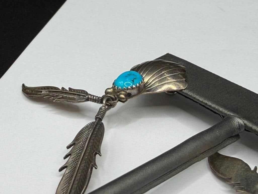 PAIR OF NAVAJO ARTIST SIGNED STERLING SILVER TURQUOISE FEATHER DANGLE EARRINGS - 5