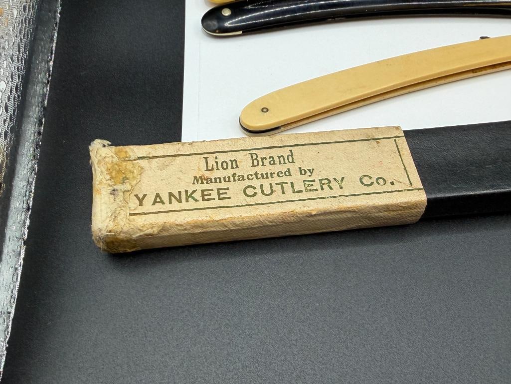 FOUR ANTIQUE STRAIGHT RAZORS INCLUDING GENEVA CUTLERY, 850 SCHUMATE RAZOR, ROBESON SHUREDGE, ETC. - 12