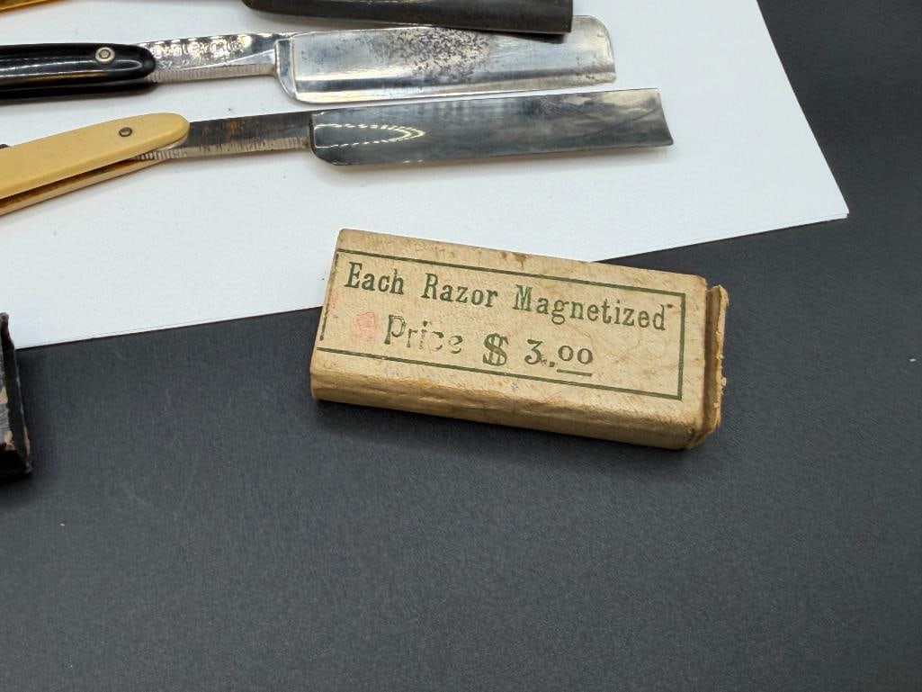 FOUR ANTIQUE STRAIGHT RAZORS INCLUDING GENEVA CUTLERY, 850 SCHUMATE RAZOR, ROBESON SHUREDGE, ETC. - 13