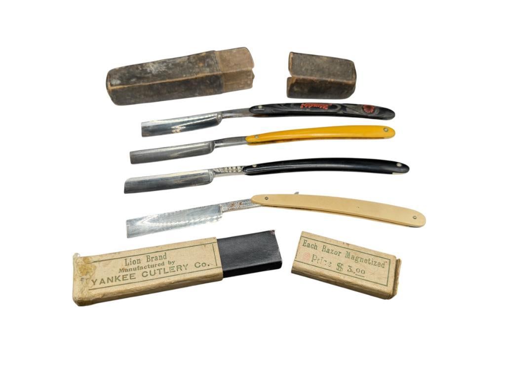 FOUR ANTIQUE STRAIGTH RAZORS INCLUDING GENEVA CUTLERY, 850 SCHUMATE RAZOR, ROBESON SHUREDGE, ETC. (1 of 16)