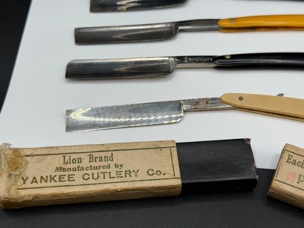 FOUR ANTIQUE STRAIGHT RAZORS INCLUDING GENEVA CUTLERY, 850 SCHUMATE RAZOR, ROBESON SHUREDGE, ETC. - 2