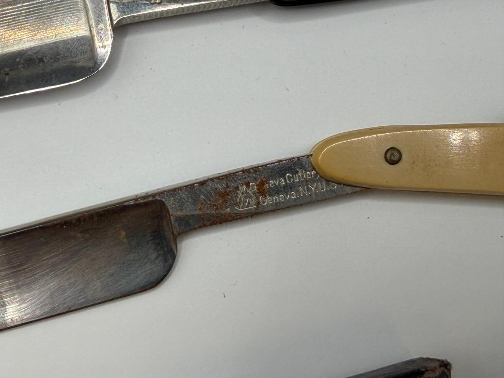 FOUR ANTIQUE STRAIGHT RAZORS INCLUDING GENEVA CUTLERY, 850 SCHUMATE RAZOR, ROBESON SHUREDGE, ETC. - 4