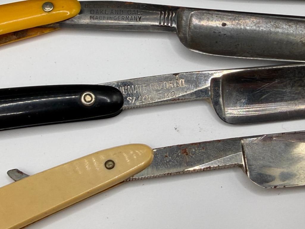 FOUR ANTIQUE STRAIGHT RAZORS INCLUDING GENEVA CUTLERY, 850 SCHUMATE RAZOR, ROBESON SHUREDGE, ETC. - 8