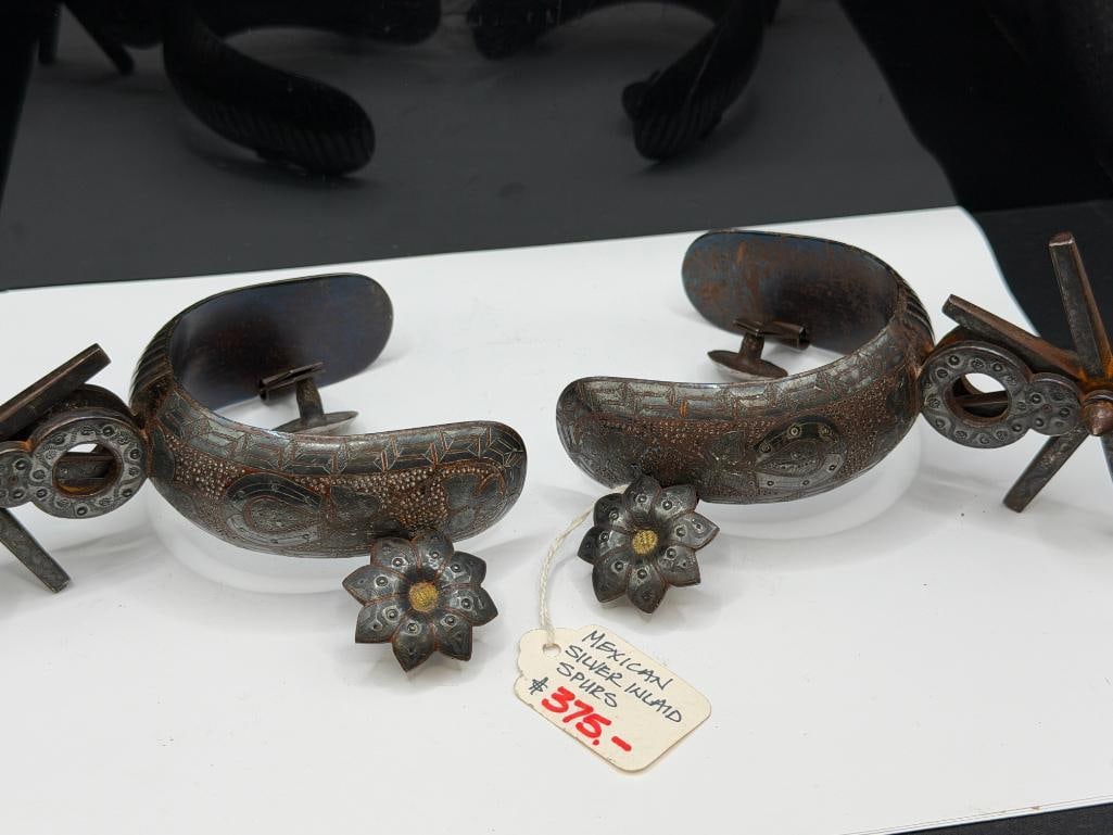 VINTAGE MEXICO ENGRAVED SPURS WITH FIGURAL FLOWER ACCENT - 2