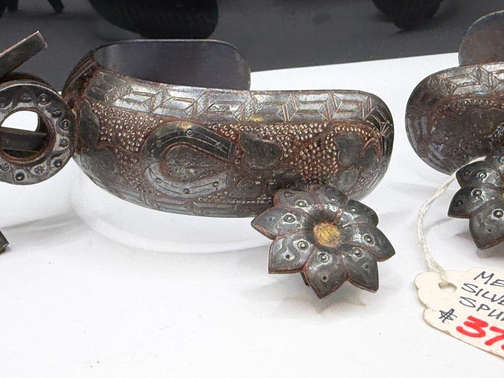 VINTAGE MEXICO ENGRAVED SPURS WITH FIGURAL FLOWER ACCENT - 3