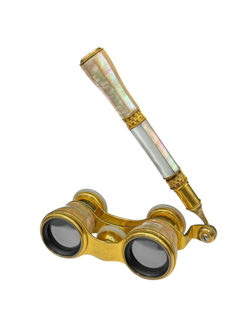 VINTAGE BRASS AND MOTHER OF PEARL ACCENTED LA REINAE PARIS MARKED OPERA GLASSES (1 of 10)
