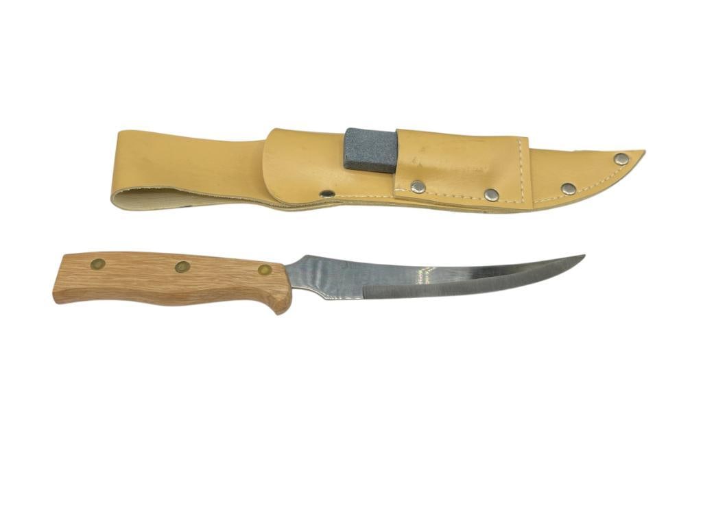 WOOD HANDLE FULL TANG BLAD EFIXED BLADE FILET KNIFE WITH CURVED BLADE AND SHEATH (1 of 6)