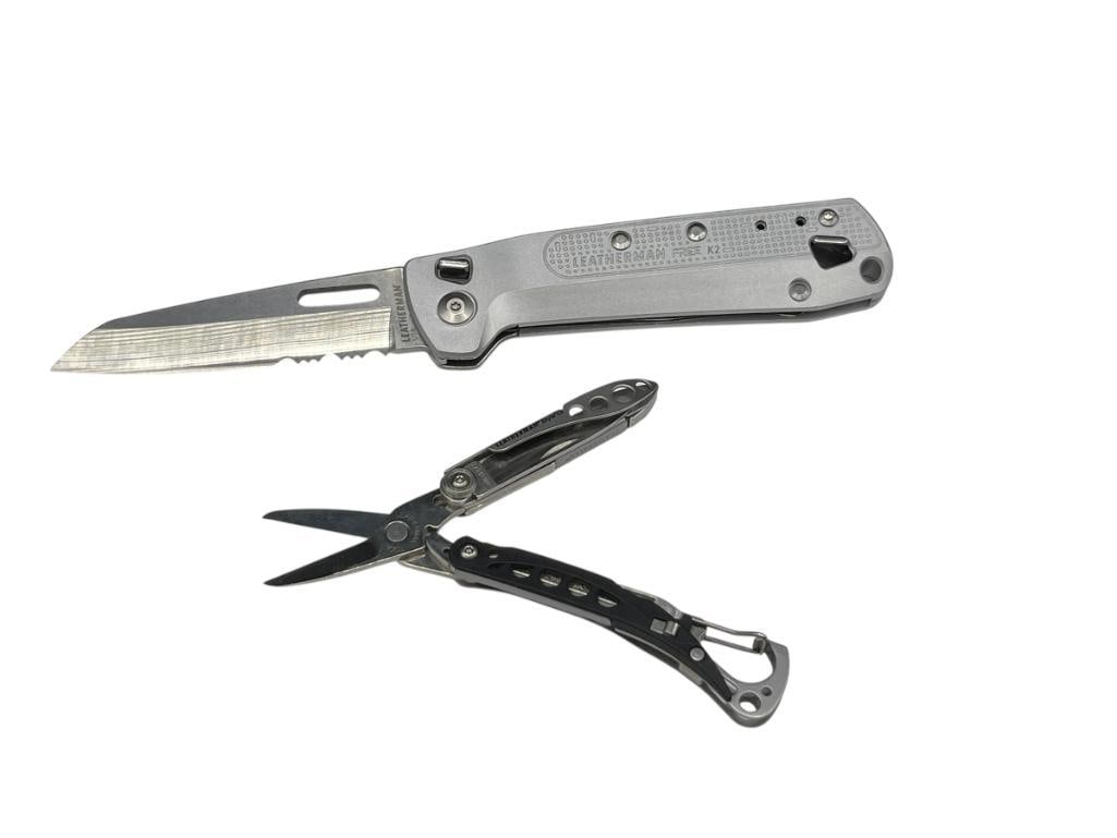 LEATHERMAN FREE K2 LOCK BACK KNIFE AND LEATHERMAN STYLE CS UTILITY POCKET MULTI-TOOL: BOTH IN GREAT CONDITION LARGEST BLADE IS 3 1/4"
