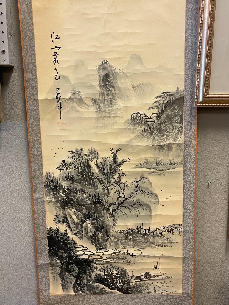 20TH CENTURY JAPANESE SUMI-E SCROLL INK WASH PAINTING ON PAPER WITH SILK BORDER MONOCHROME LANDSC... - 2