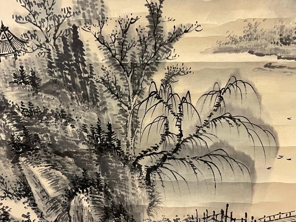 20TH CENTURY JAPANESE SUMI-E SCROLL INK WASH PAINTING ON PAPER WITH SILK BORDER MONOCHROME LANDSC... - 3