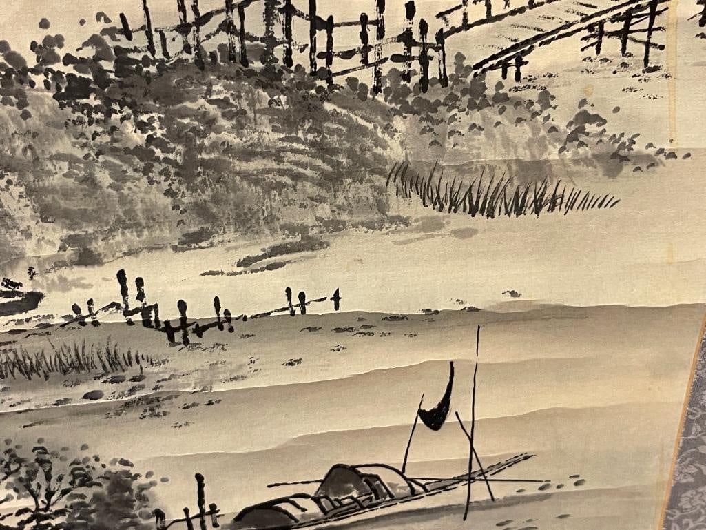 20TH CENTURY JAPANESE SUMI-E SCROLL INK WASH PAINTING ON PAPER WITH SILK BORDER MONOCHROME LANDSC... - 4