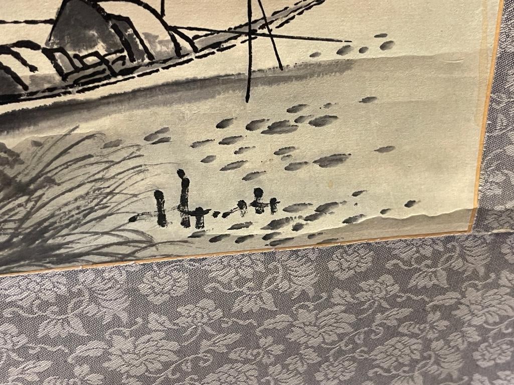 20TH CENTURY JAPANESE SUMI-E SCROLL INK WASH PAINTING ON PAPER WITH SILK BORDER MONOCHROME LANDSC... - 5