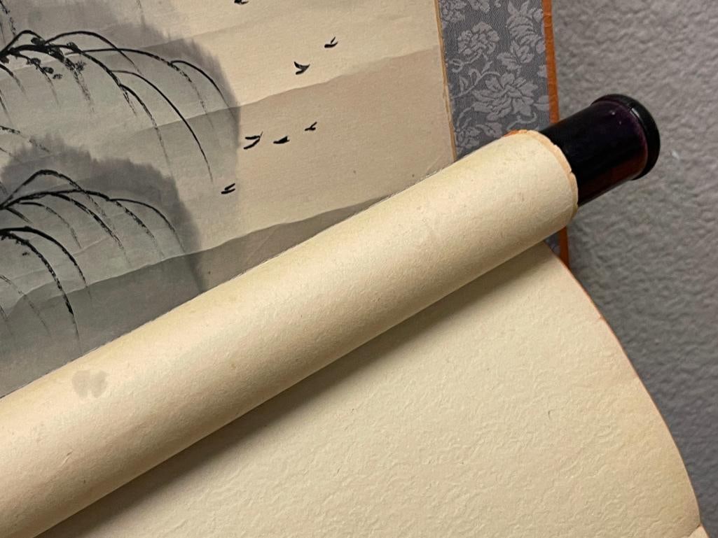 20TH CENTURY JAPANESE SUMI-E SCROLL INK WASH PAINTING ON PAPER WITH SILK BORDER MONOCHROME LANDSC... - 9