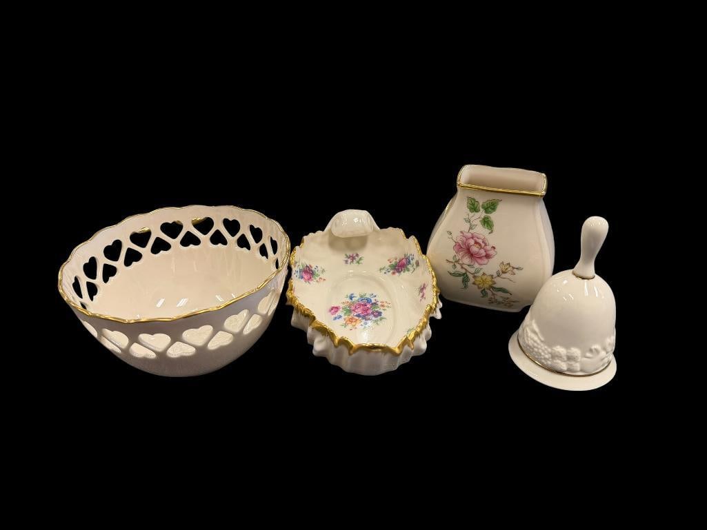 LENOX IVORY AND GOLD CHINA HEART LACE BOWL, VINTAGE SCALLOPED BOWL, 1980 VASE, FRUIT BELL: NO CHIPS OR CRACKS 4 1/2" UP TO 7 3/4" L