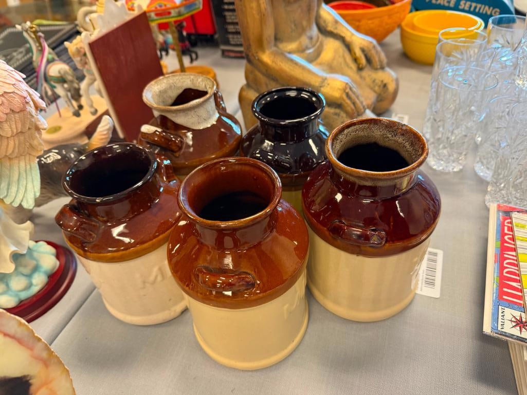 FIVE RUSTIC STONEWARE MILK JUG CROCKS INCLUDING ONE BY SKY & PLAINS - 10