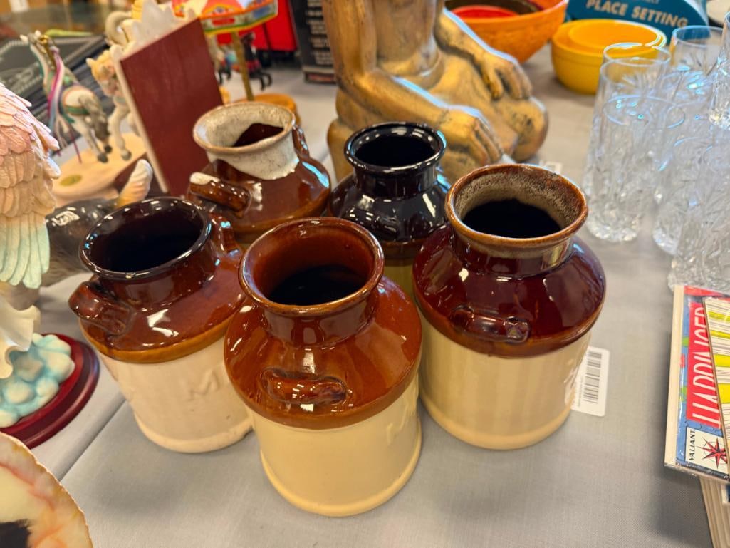 FIVE RUSTIC STONEWARE MILK JUG CROCKS INCLUDING ONE BY SKY & PLAINS - 11