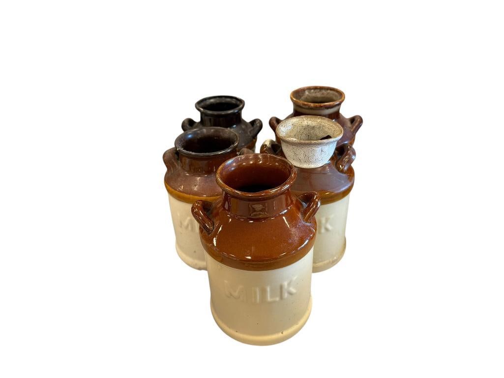 FIVE RUSTIC STONEWARE MILK JUG CROCKSINCLUDING ONE BY SKY & PLAINS (1 of 11)