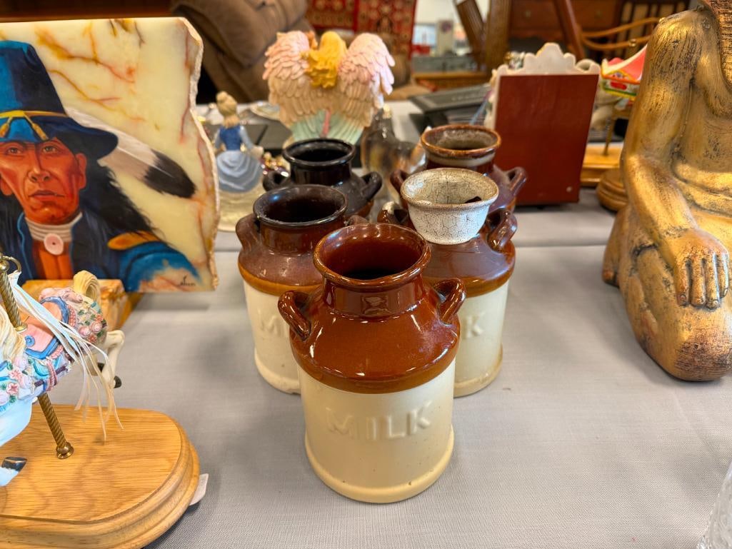 FIVE RUSTIC STONEWARE MILK JUG CROCKS INCLUDING ONE BY SKY & PLAINS - 2