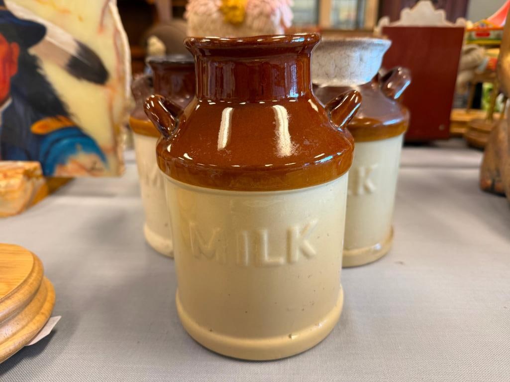 FIVE RUSTIC STONEWARE MILK JUG CROCKS INCLUDING ONE BY SKY & PLAINS - 3