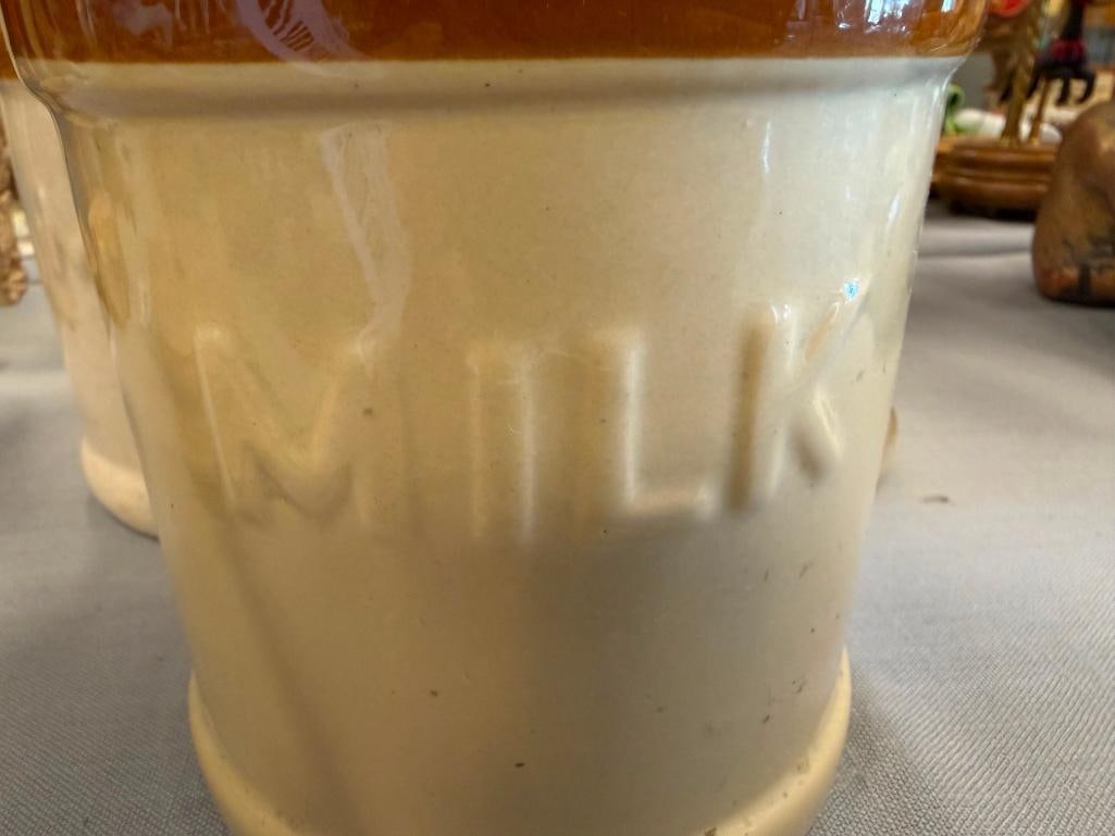 FIVE RUSTIC STONEWARE MILK JUG CROCKS INCLUDING ONE BY SKY & PLAINS - 5