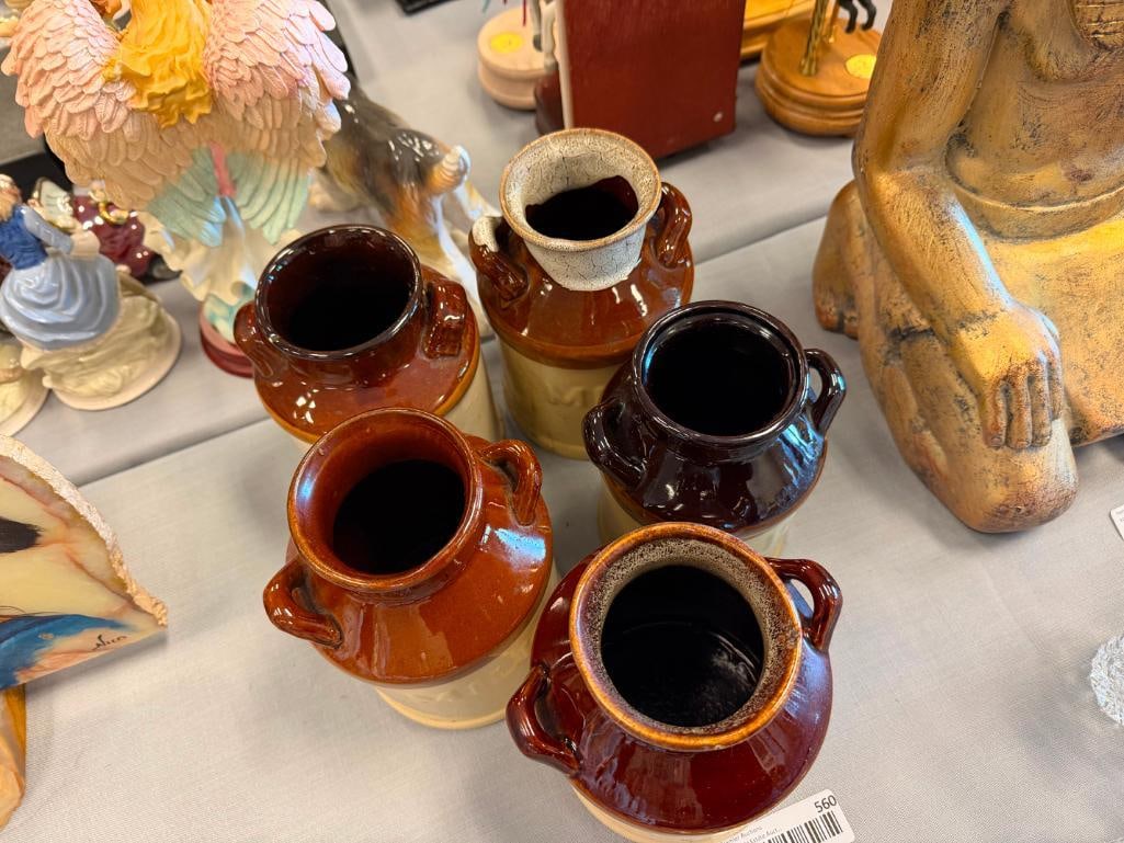 FIVE RUSTIC STONEWARE MILK JUG CROCKS INCLUDING ONE BY SKY & PLAINS - 9