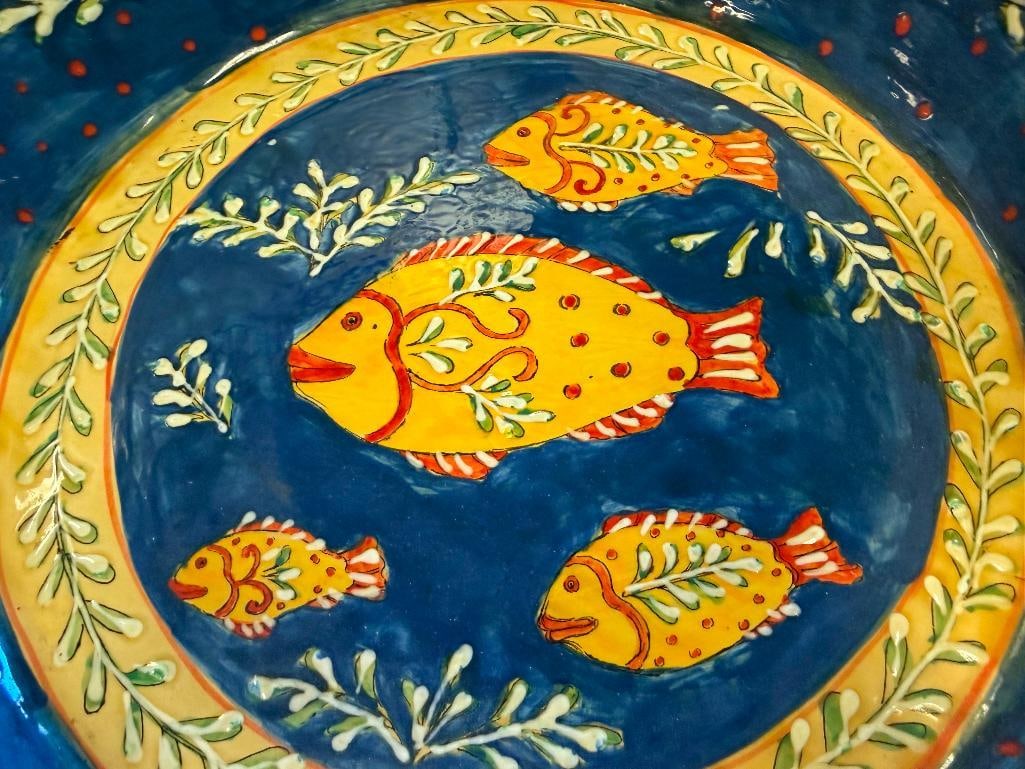 MEDITERRANEAN CERAMIC YELLOW AND BLUE FISH DESIGN LARGE BOWL AND PLATTER - 10
