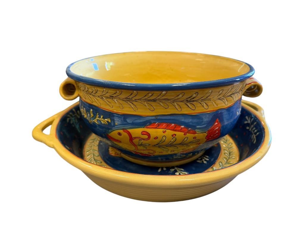 MEDITERRANEAN CERAMIC YELLOW AND BLUE FISH DESIGN LARGE BOWL AND PLATTER (1 of 11)
