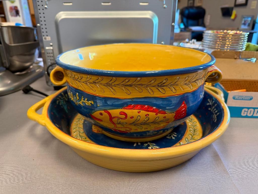MEDITERRANEAN CERAMIC YELLOW AND BLUE FISH DESIGN LARGE BOWL AND PLATTER - 2