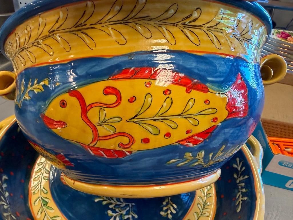 MEDITERRANEAN CERAMIC YELLOW AND BLUE FISH DESIGN LARGE BOWL AND PLATTER - 5
