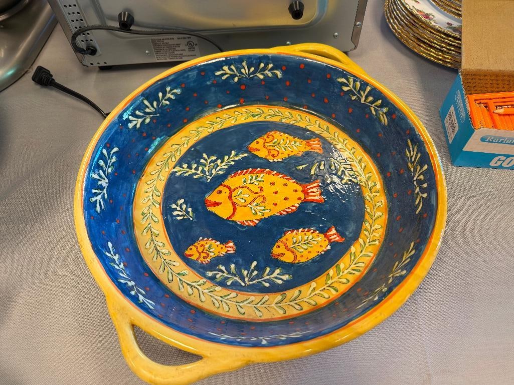 MEDITERRANEAN CERAMIC YELLOW AND BLUE FISH DESIGN LARGE BOWL AND PLATTER - 7