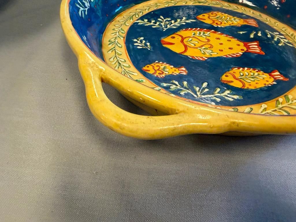 MEDITERRANEAN CERAMIC YELLOW AND BLUE FISH DESIGN LARGE BOWL AND PLATTER - 8